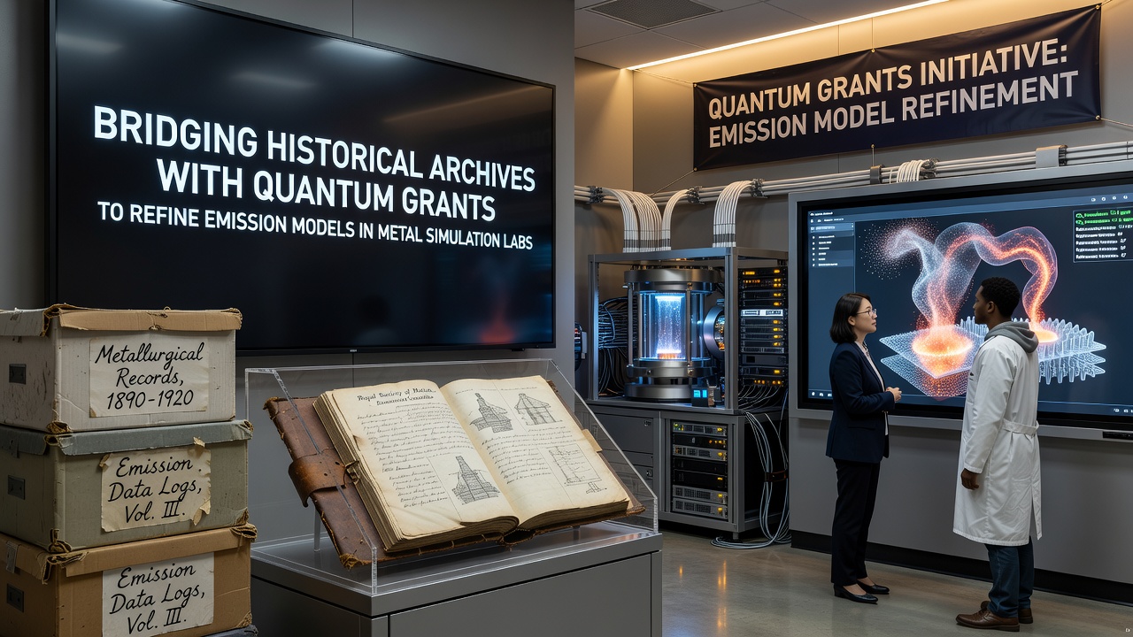 Quantum processor array connected to emission modeling workstations displaying real-time simulation outputs from integrated historical and contemporary datasets