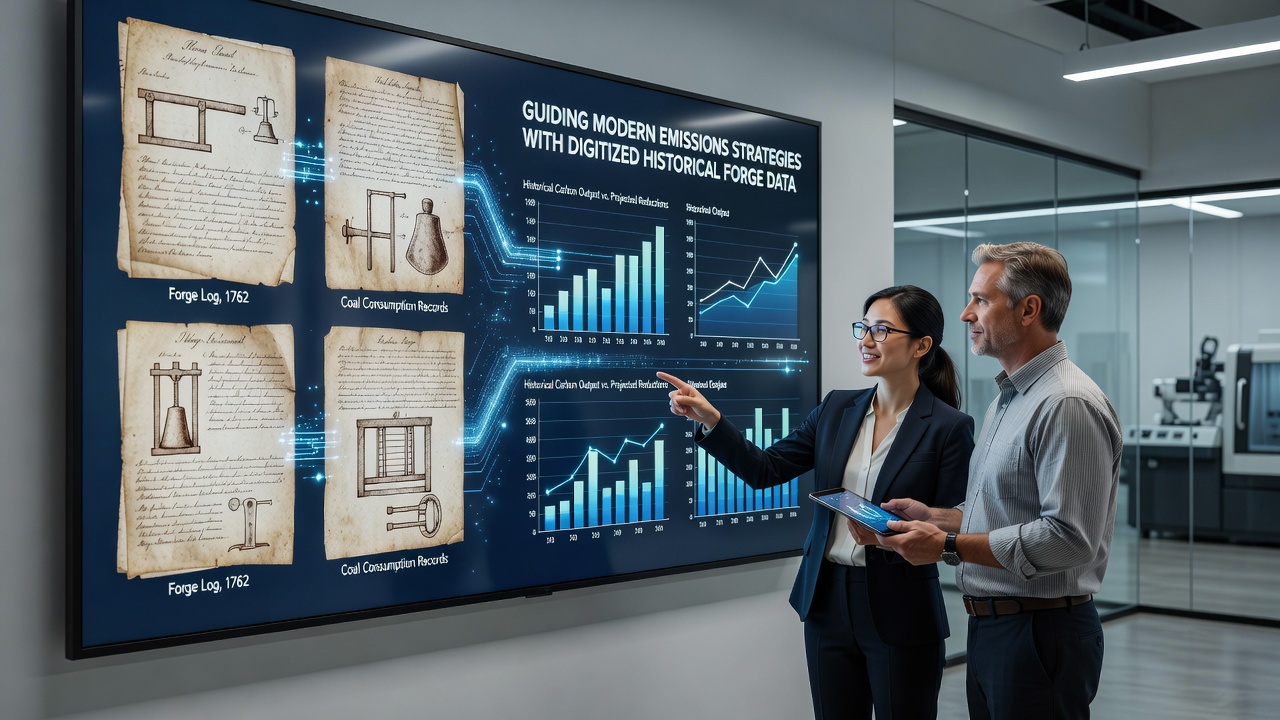 Digital interface displaying parsed historical forging parameters alongside current emission calculations